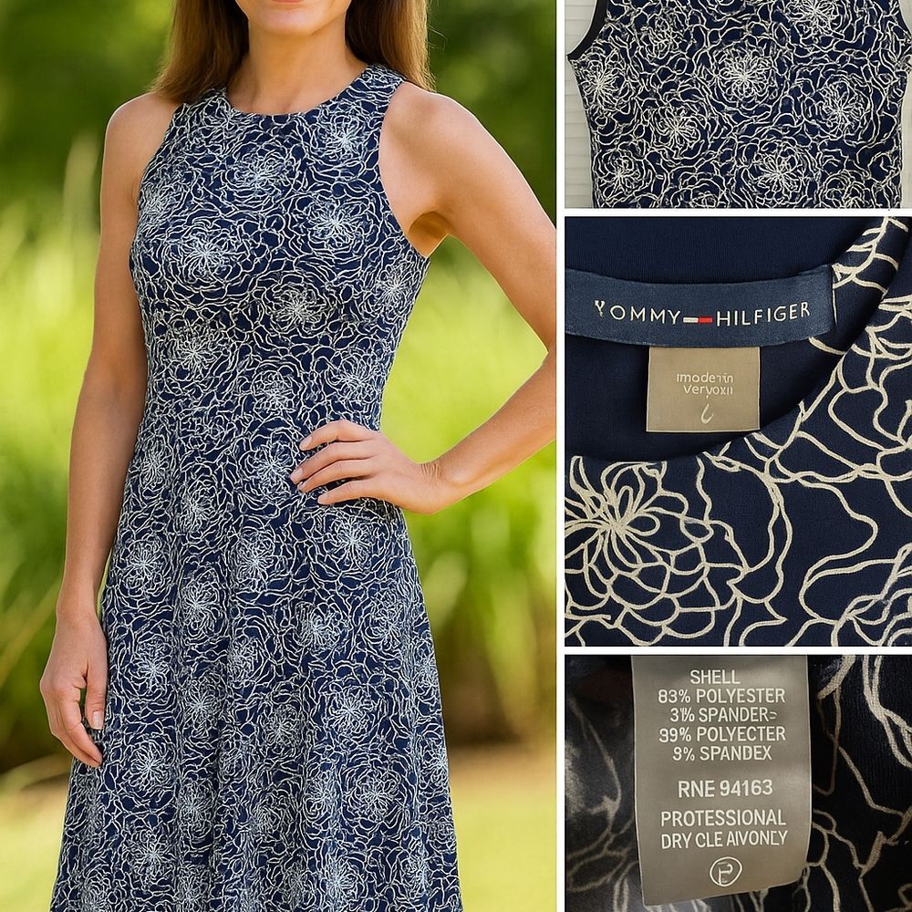 Tommy Hilfiger Floral Fit & Flare Dress | Navy & White Back Zipper Size 6